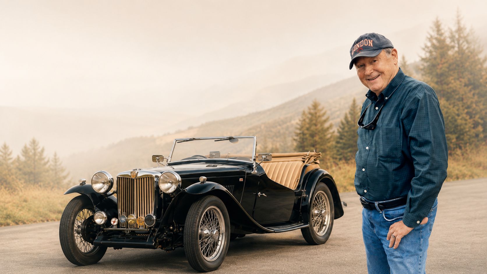 Bruce Burns standing beside a classic black MG roadster against a softly faded mountain backdrop.