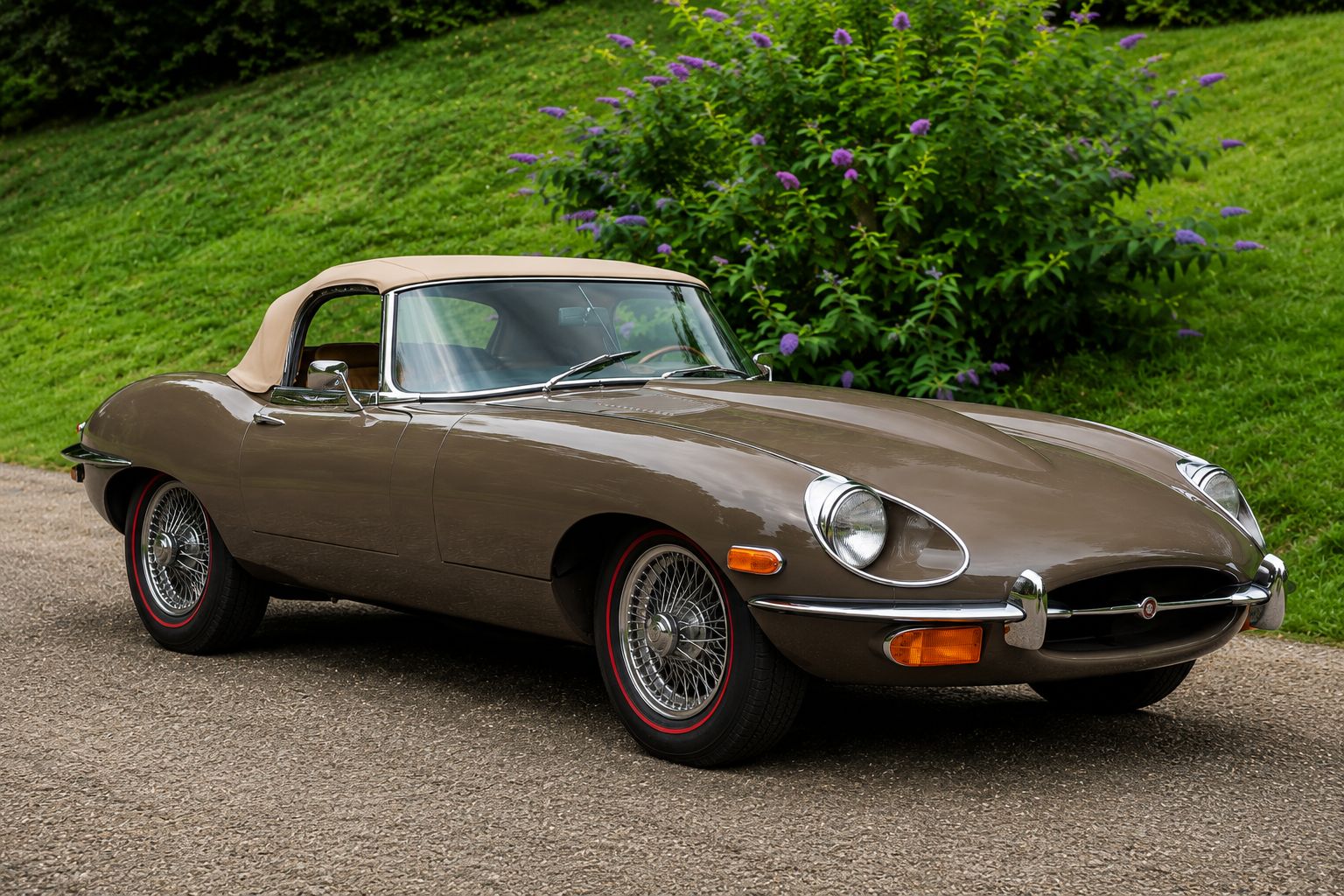 Brown classic Jaguar E-Type roadster with tan convertible top